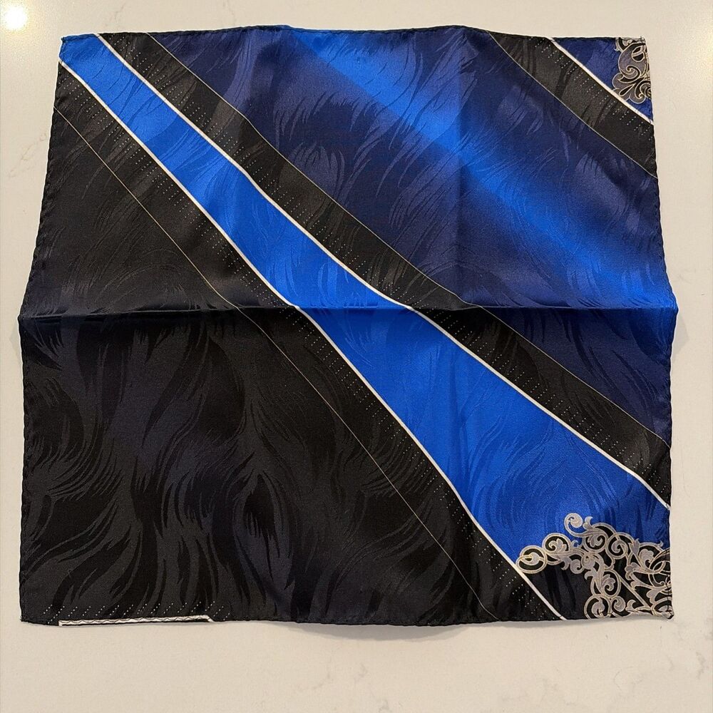 100% Suit silk pocket square Blue Black Gold Patterned  10”
